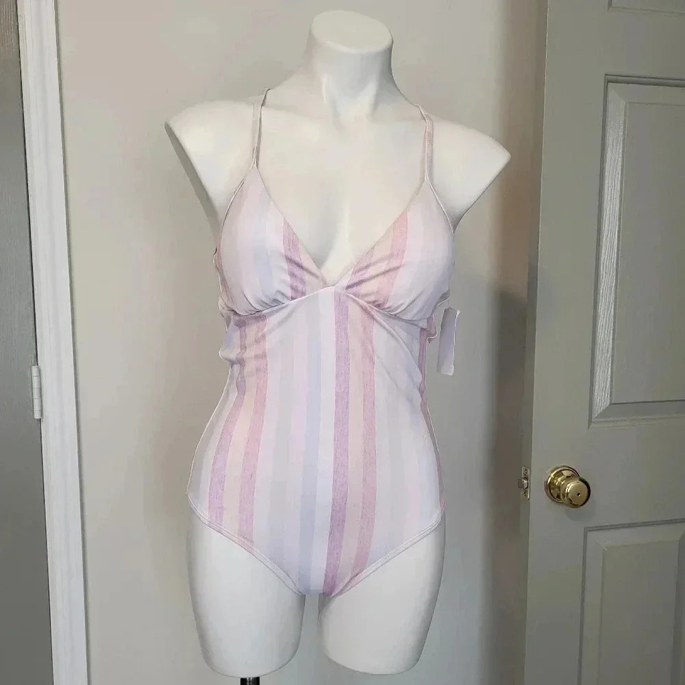 Splendid Heather Ombre Striped V-Neck Medium Coverage One Piece Swimsuit(M)NWT